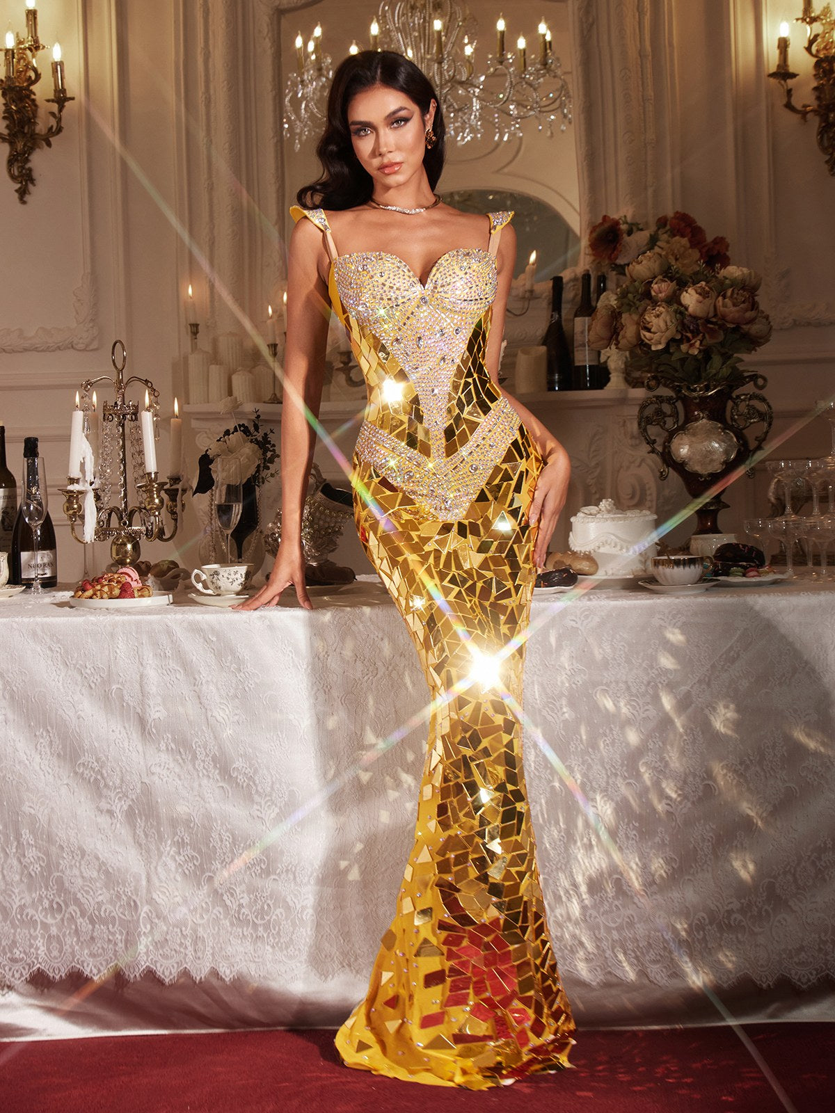 Finnegan Sleeveless Rhinestone Maxi Dress