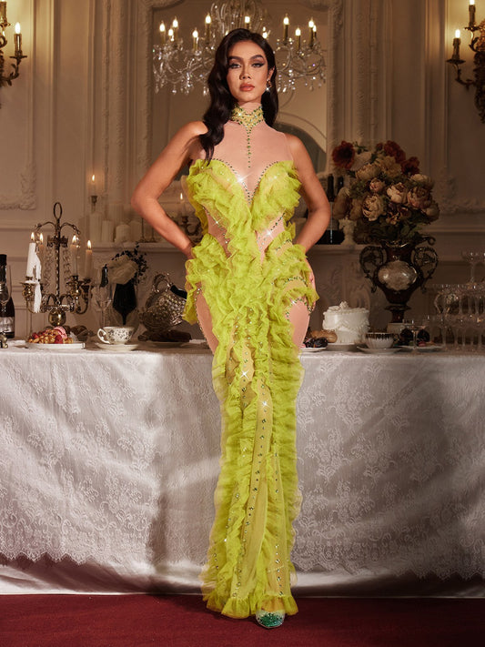 Rosstef Yüksek Kollu Şeritli Maxi Gown