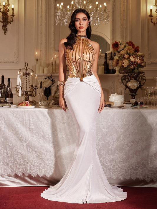 Rosstef Halterneck Ruched Maxi Dress