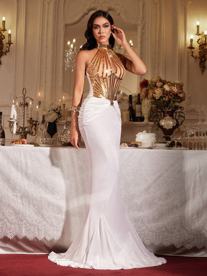 Finnur Halterneck Ruched Maxi Dress