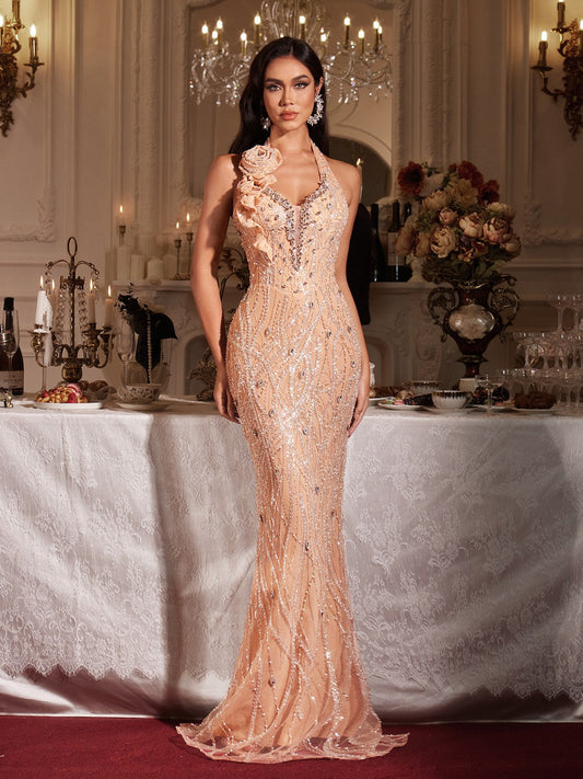 Florica Halterneck Flower Sequin Maxi Dress
