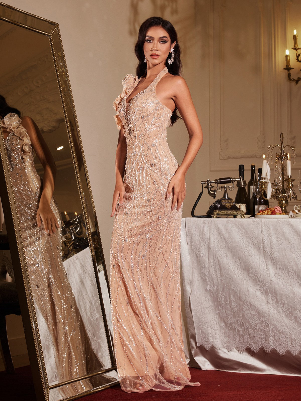 Florica Halterneck Flower Sequin Maxi Dress