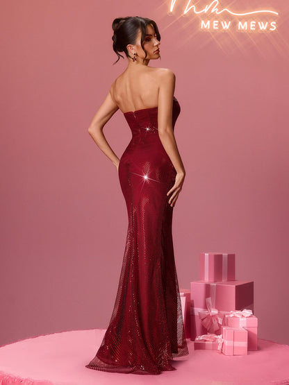 Fleurette Strapless Rhinestone Mesh Maxi Dress
