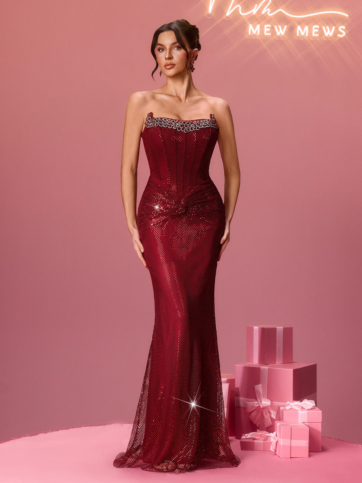Fleurette Strapless Rhinestone Mesh Maxi Dress