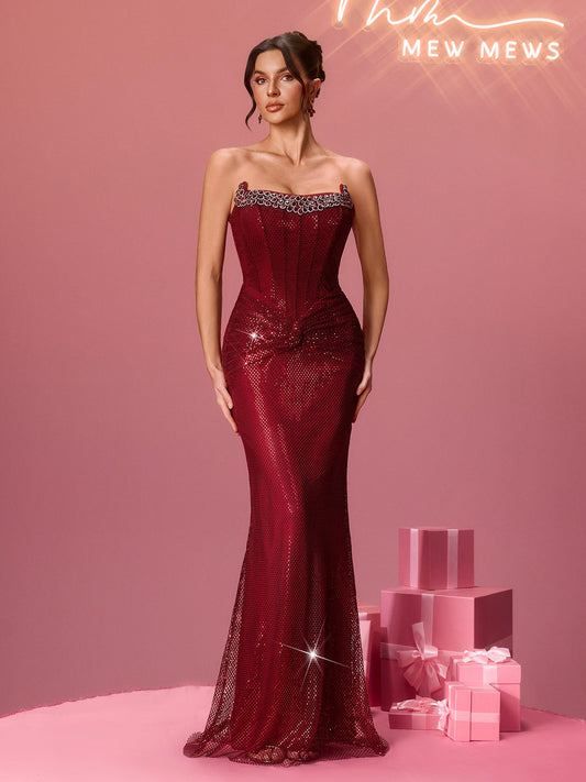 Rosstef Rhinestone Mesh Maxi Dress
