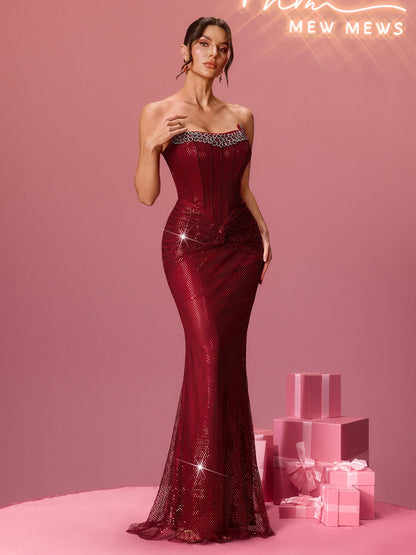 Fleurette Strapless Rhinestone Mesh Maxi Dress