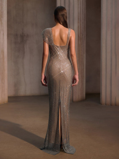 Forynex Rhinestone Mesh Lace Maxi Dress