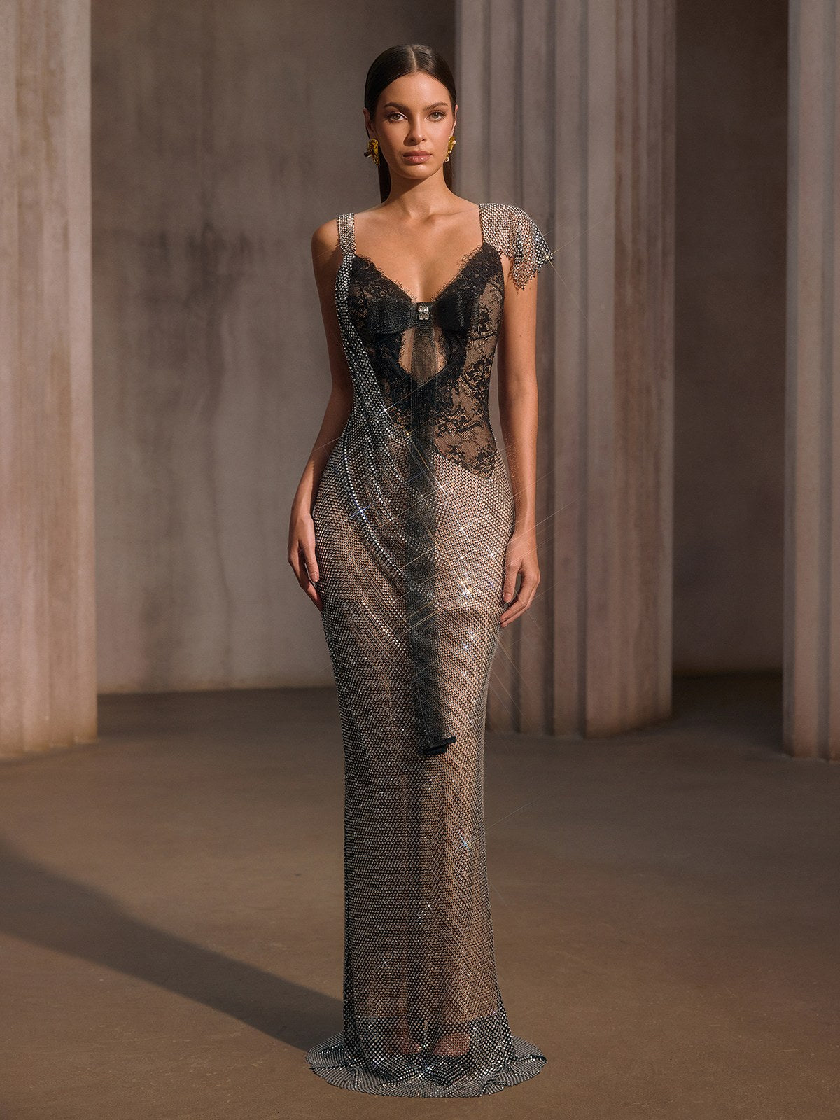 Forynex Rhinestone Mesh Lace Maxi Dress