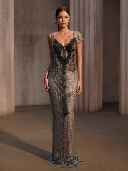 Forynex Rhinestone Mesh Lace Maxi Dress