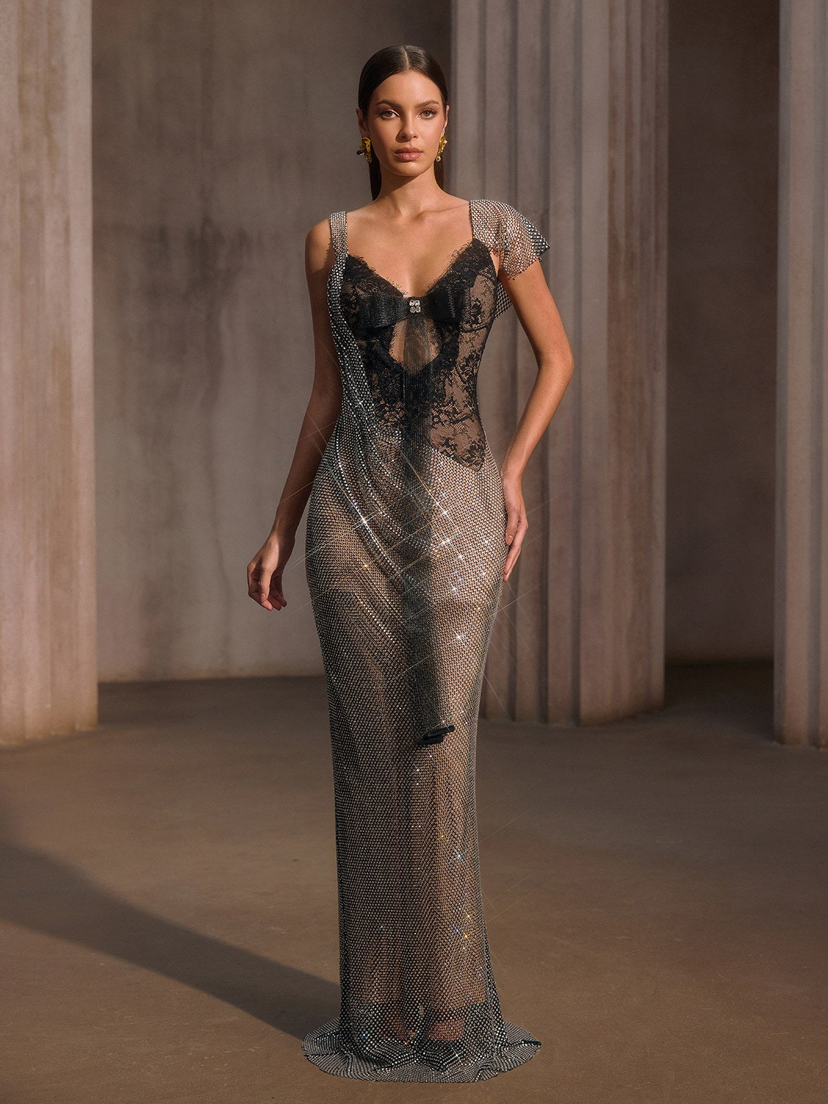 Forynex Rhinestone Mesh Lace Maxi Dress