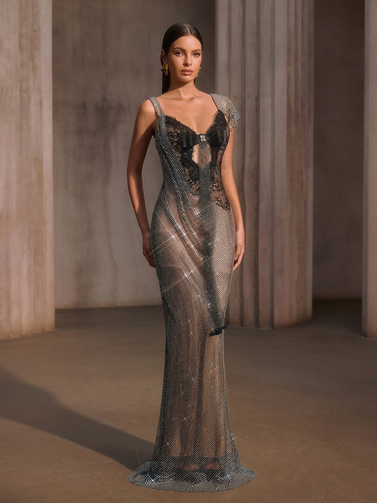 Forynex Rhinestone Mesh Lace Maxi Dress