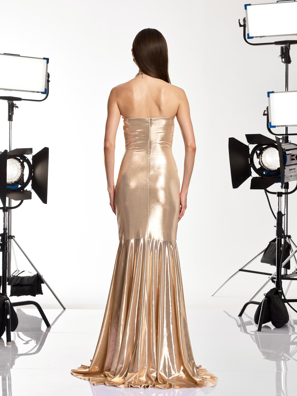 Fovryn Strapless Ruched Metallic Maxi Dress