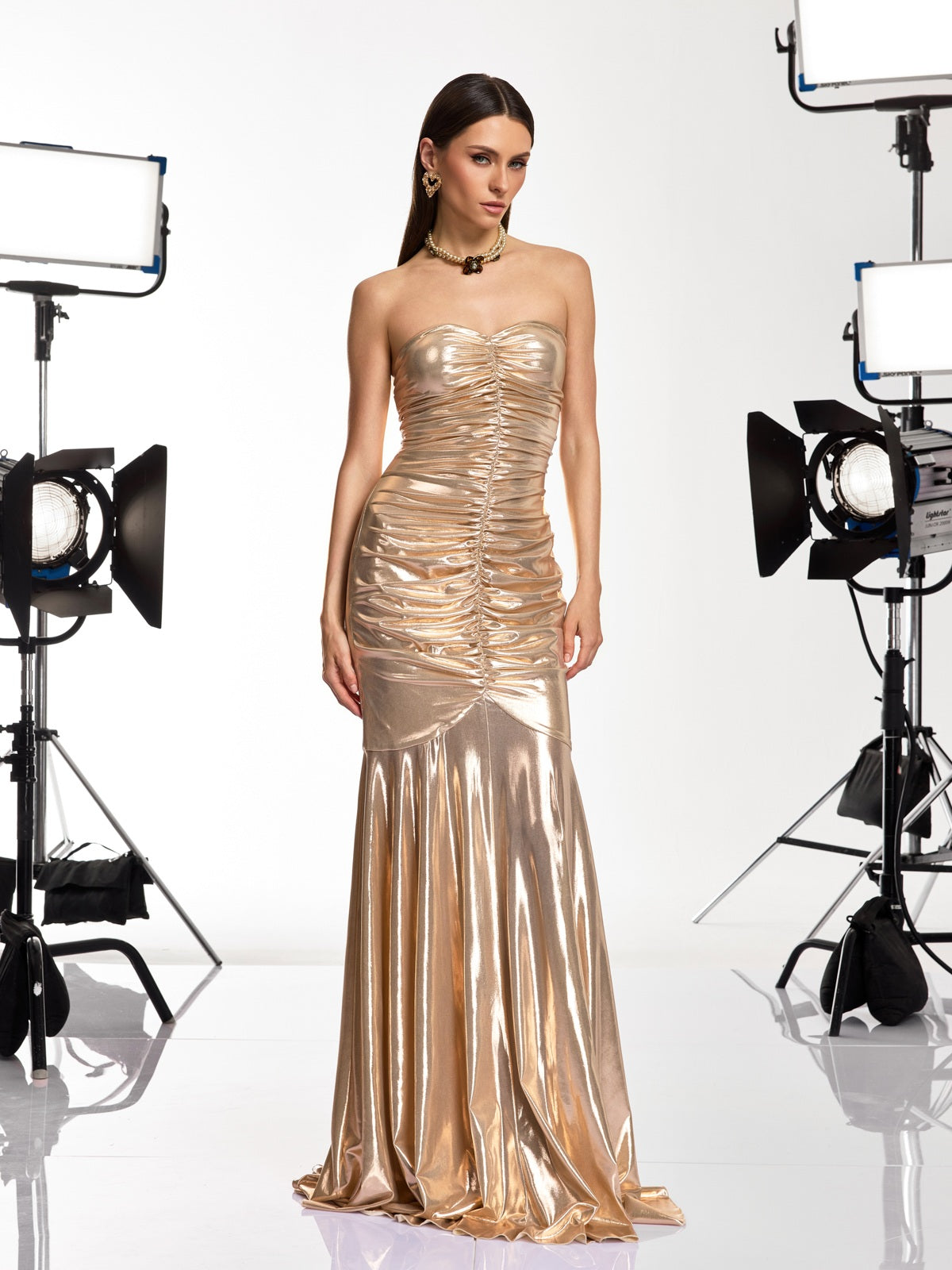 Fovryn Strapless Ruched Metallic Maxi Dress