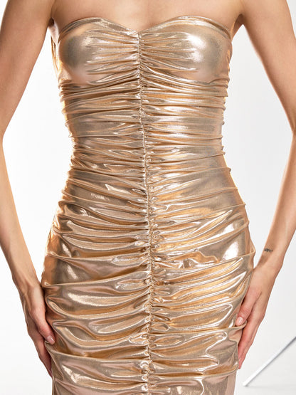 Fovryn Strapless Ruched Metallic Maxi Dress