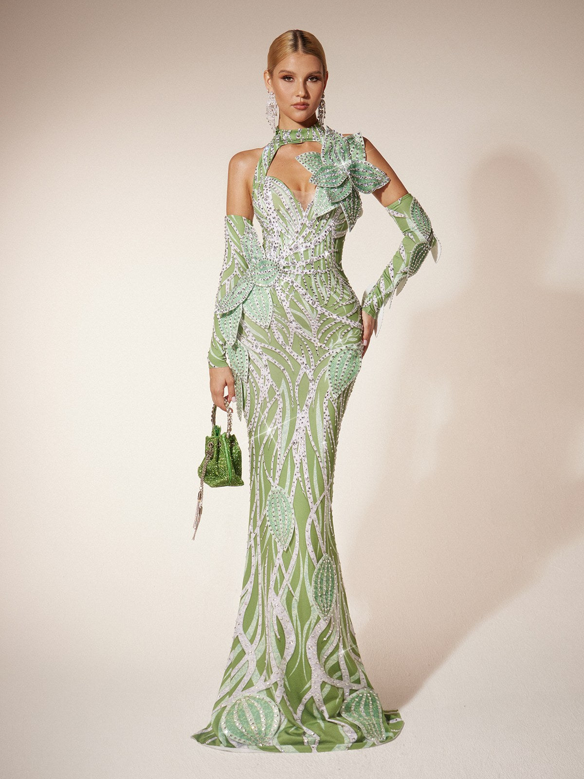 Fresnel Leaf Diamond Maxi Dress With Arm Sleeves