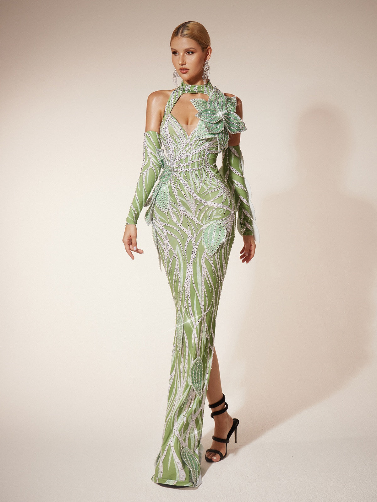 Fresnel Leaf Diamond Maxi Dress With Arm Sleeves