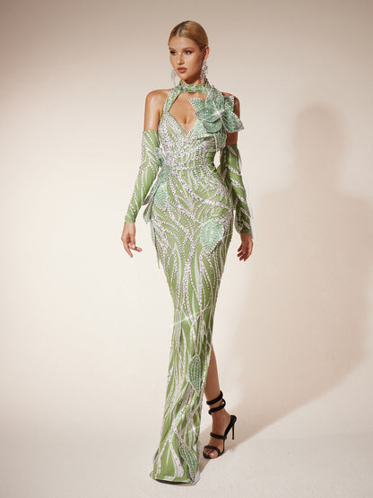 Fresnel Leaf Diamond Maxi Dress With Arm Sleeves
