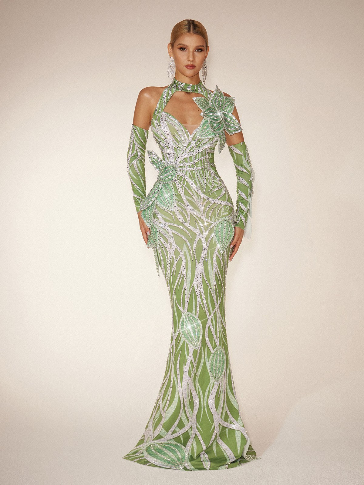 Fresnel Leaf Diamond Maxi Dress With Arm Sleeves