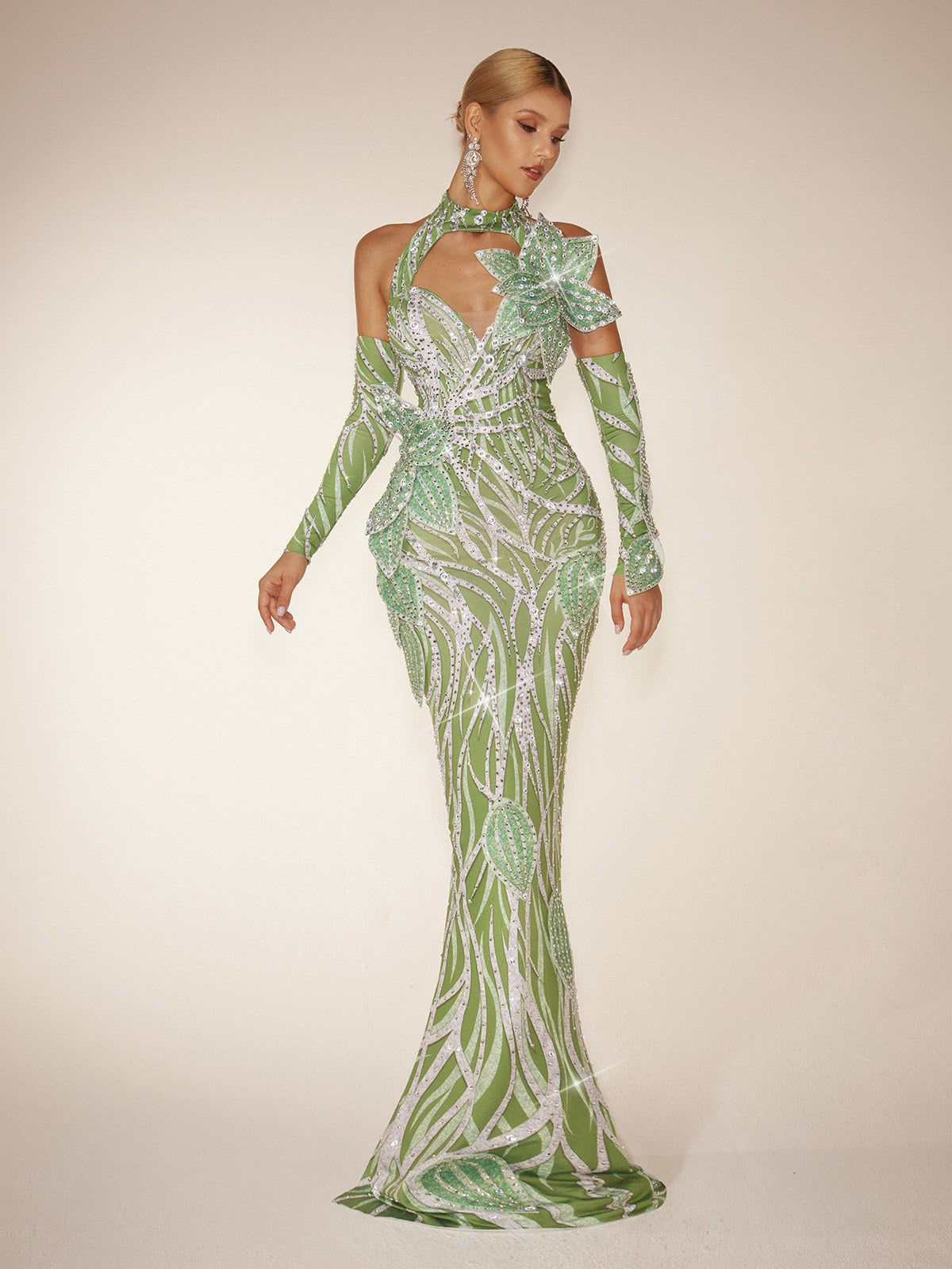 Fresnel Leaf Diamond Maxi Dress With Arm Sleeves
