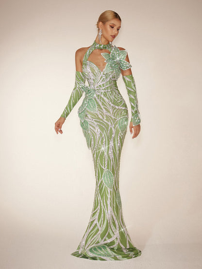 Fresnel Leaf Diamond Maxi Dress With Arm Sleeves