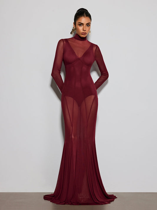 Fynorix High Neck Mesh Flared Dress Set