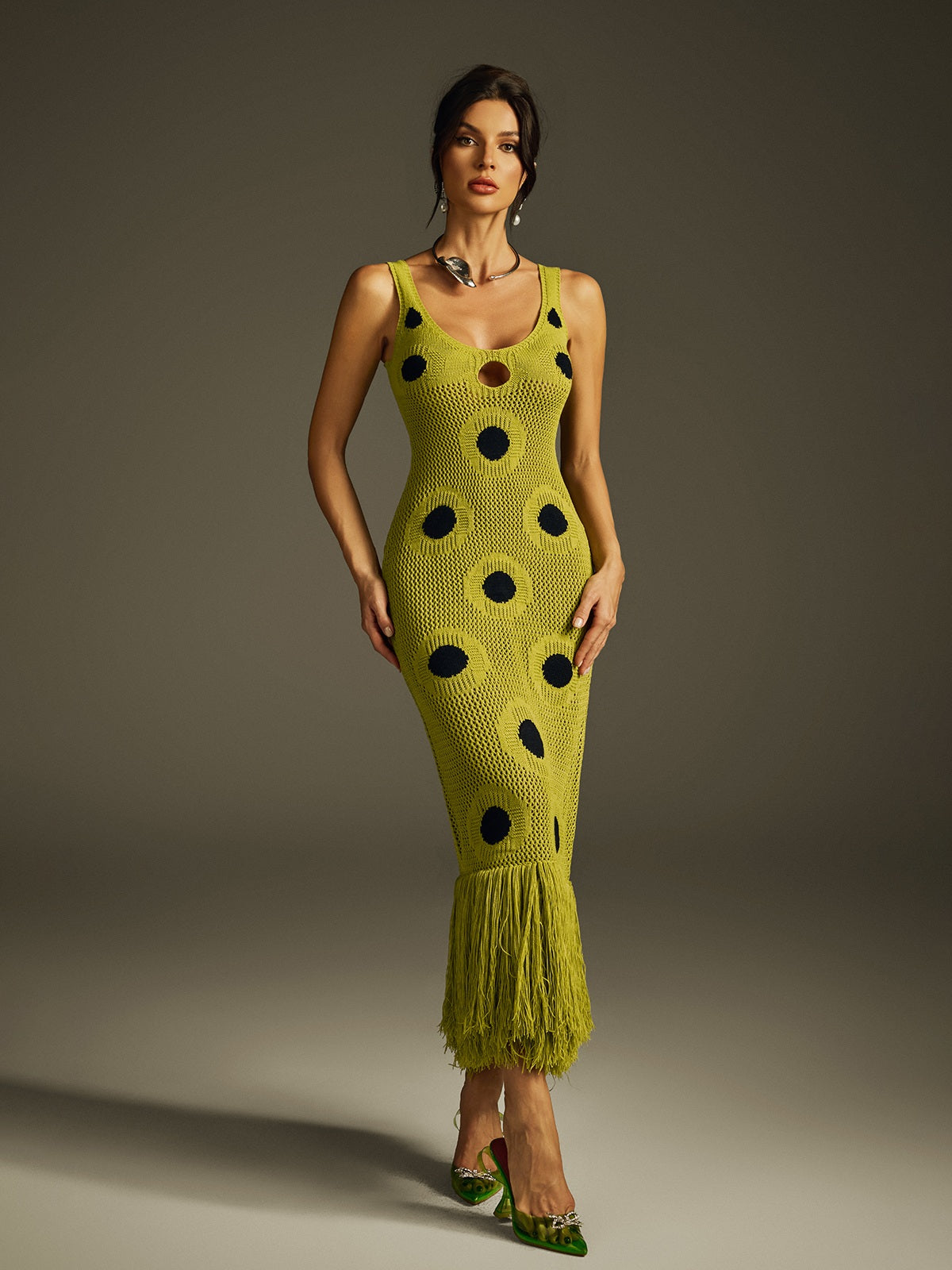 Rosstef Dot Fringe Knitted Midi Dress