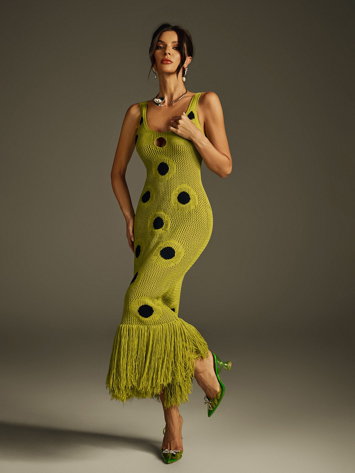 Rosstef Dot Fringe Knitted Midi Dress