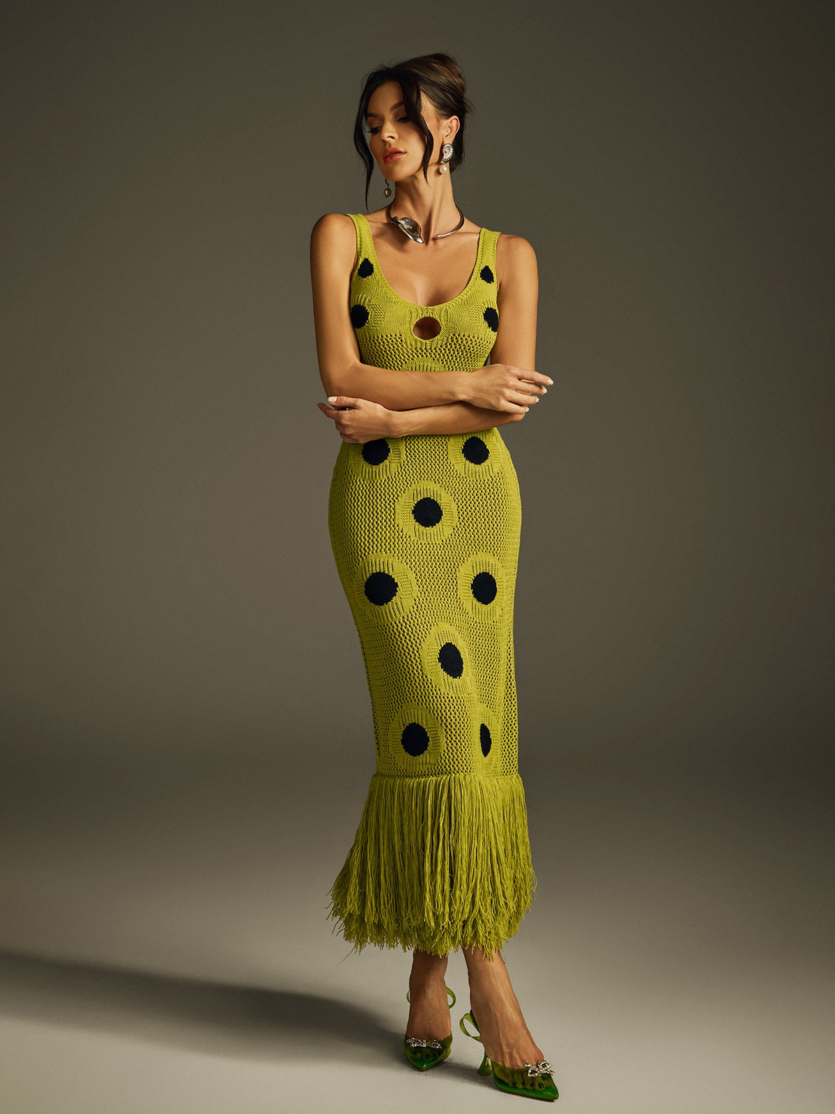 Rosstef Dot Fringe Knitted Midi Dress
