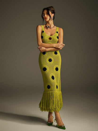 Rosstef Dot Fringe Knitted Midi Dress