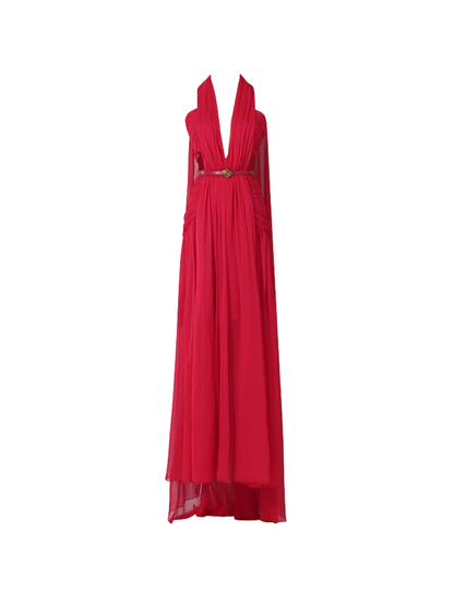 Galthera Plunge Neck Cape Ruched Maxi Dress