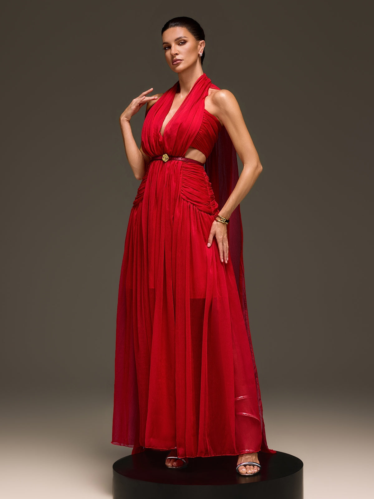 Galthera Plunge Neck Cape Ruched Maxi Dress