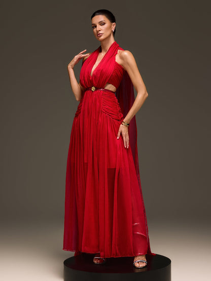 Galthera Plunge Neck Cape Ruched Maxi Dress