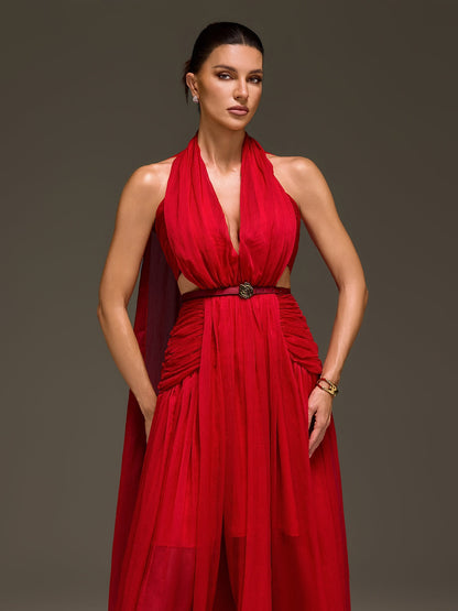 Galthera Plunge Neck Cape Ruched Maxi Dress