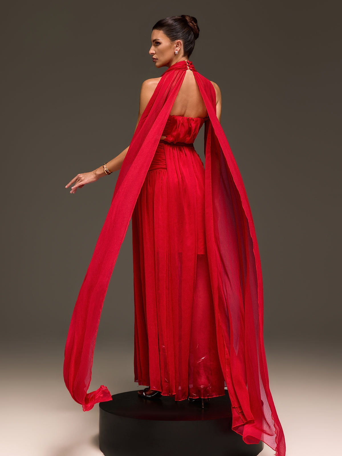 Galthera Plunge Neck Cape Ruched Maxi Dress