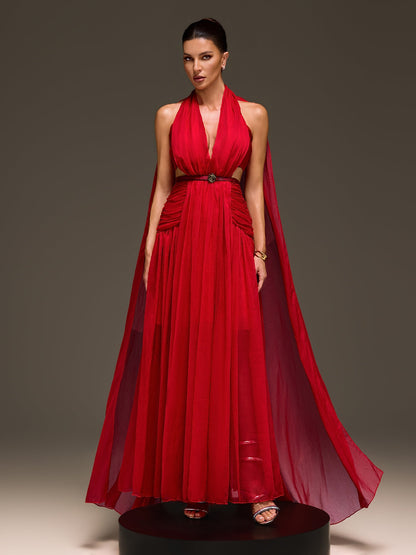 Galthera Plunge Neck Cape Ruched Maxi Dress