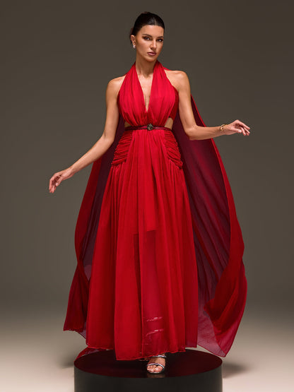 Galthera Plunge Neck Cape Ruched Maxi Dress