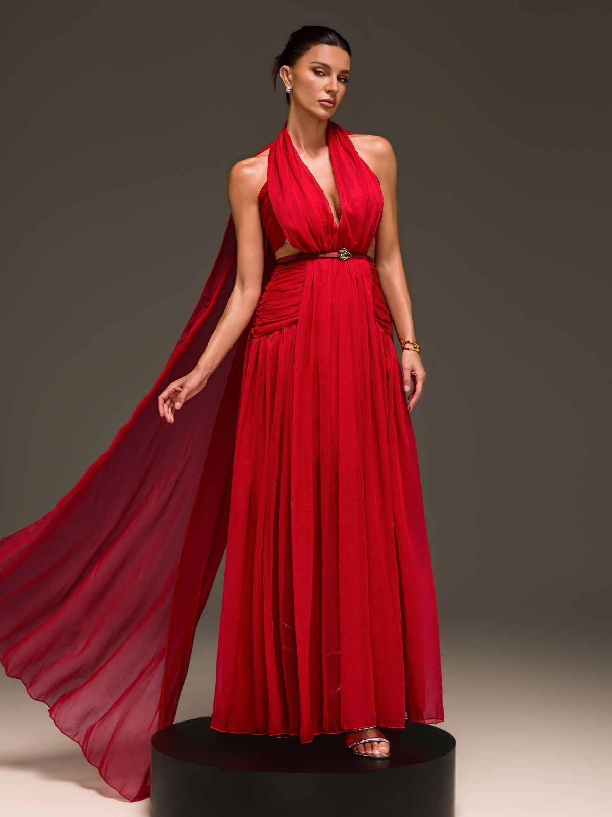 Galthera Plunge Neck Cape Ruched Maxi Dress