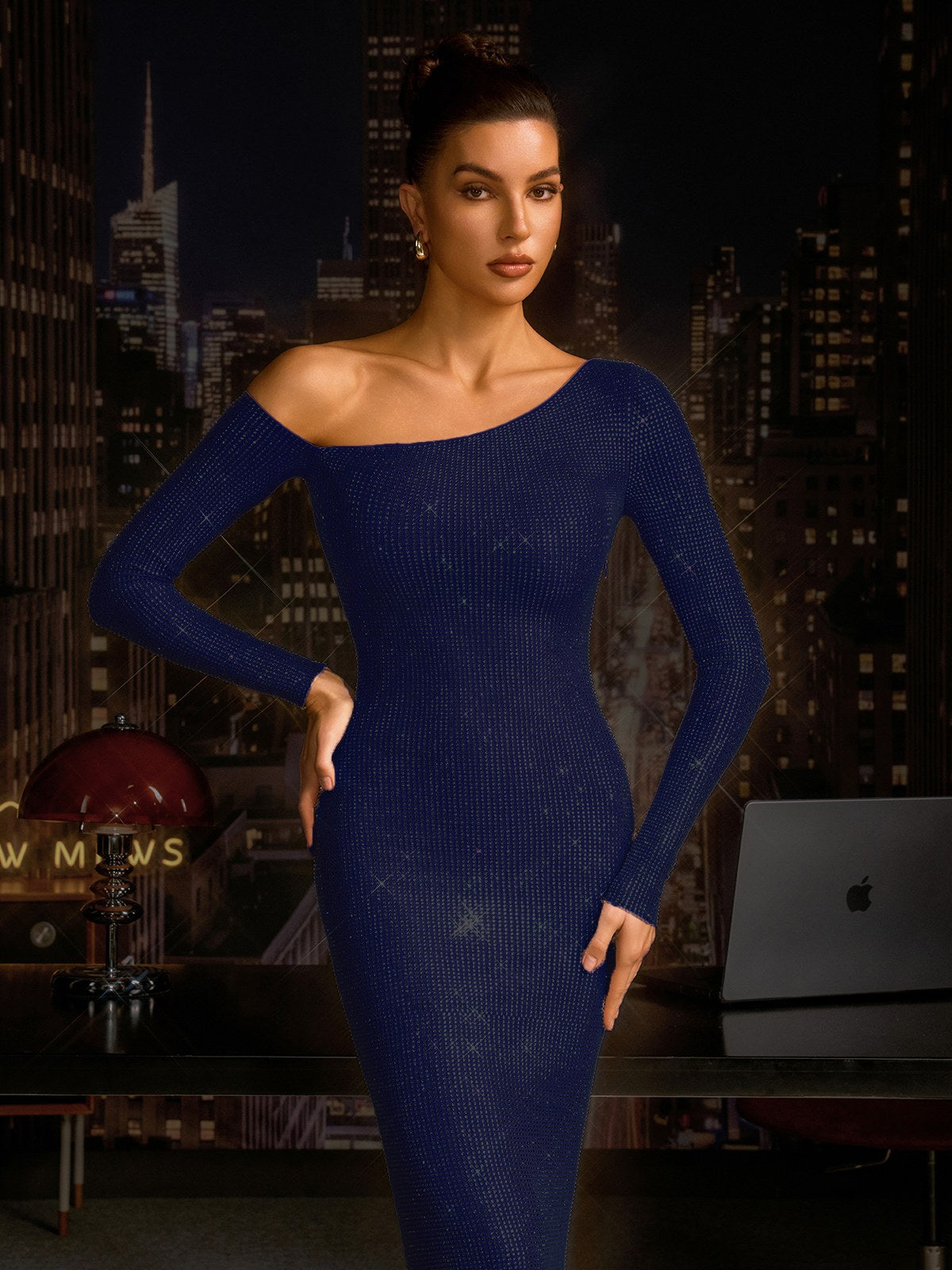 Garneth One Shoulder Rhinestone Maxi Dress In Navy