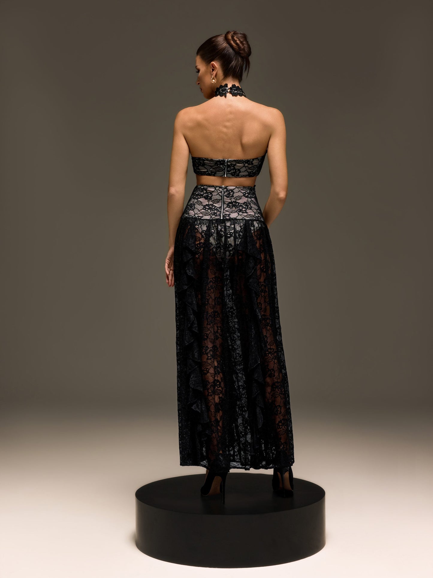 Gavelyn Halterneck Cutout Lace Maxi Dress In Black