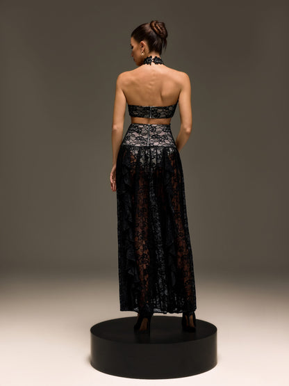 Gavelyn Halterneck Cutout Lace Maxi Dress In Black