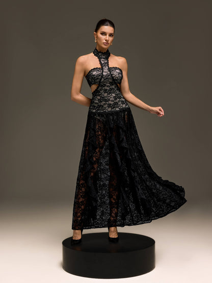 Gavelyn Halterneck Cutout Lace Maxi Dress In Black