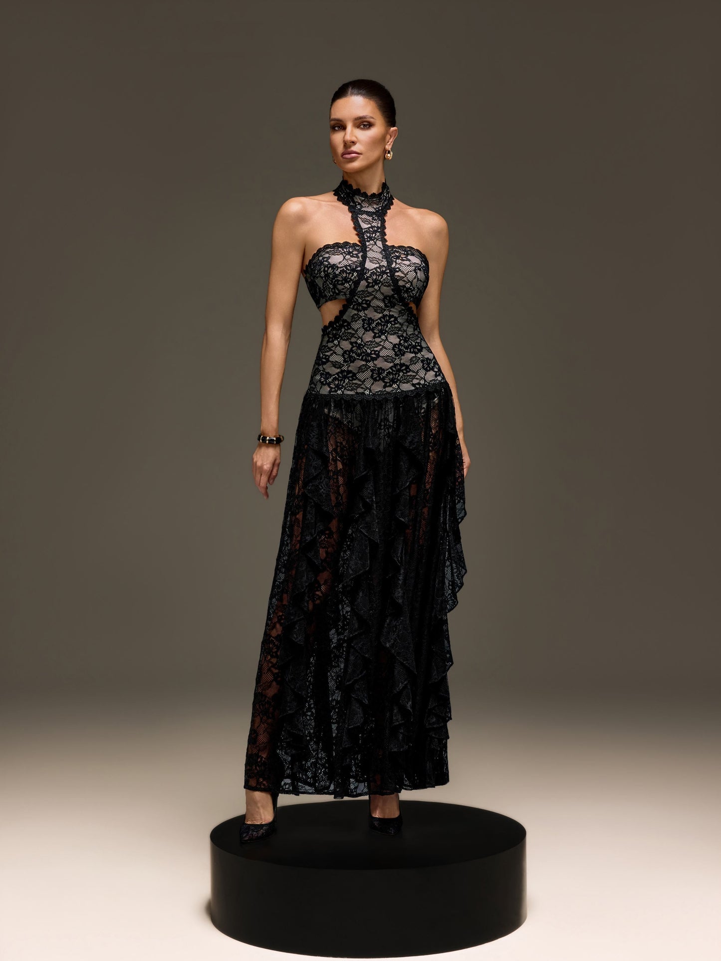 Gavelyn Halterneck Cutout Lace Maxi Dress In Black