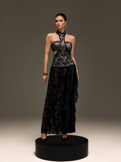 Gavelyn Halterneck Cutout Lace Maxi Dress In Black