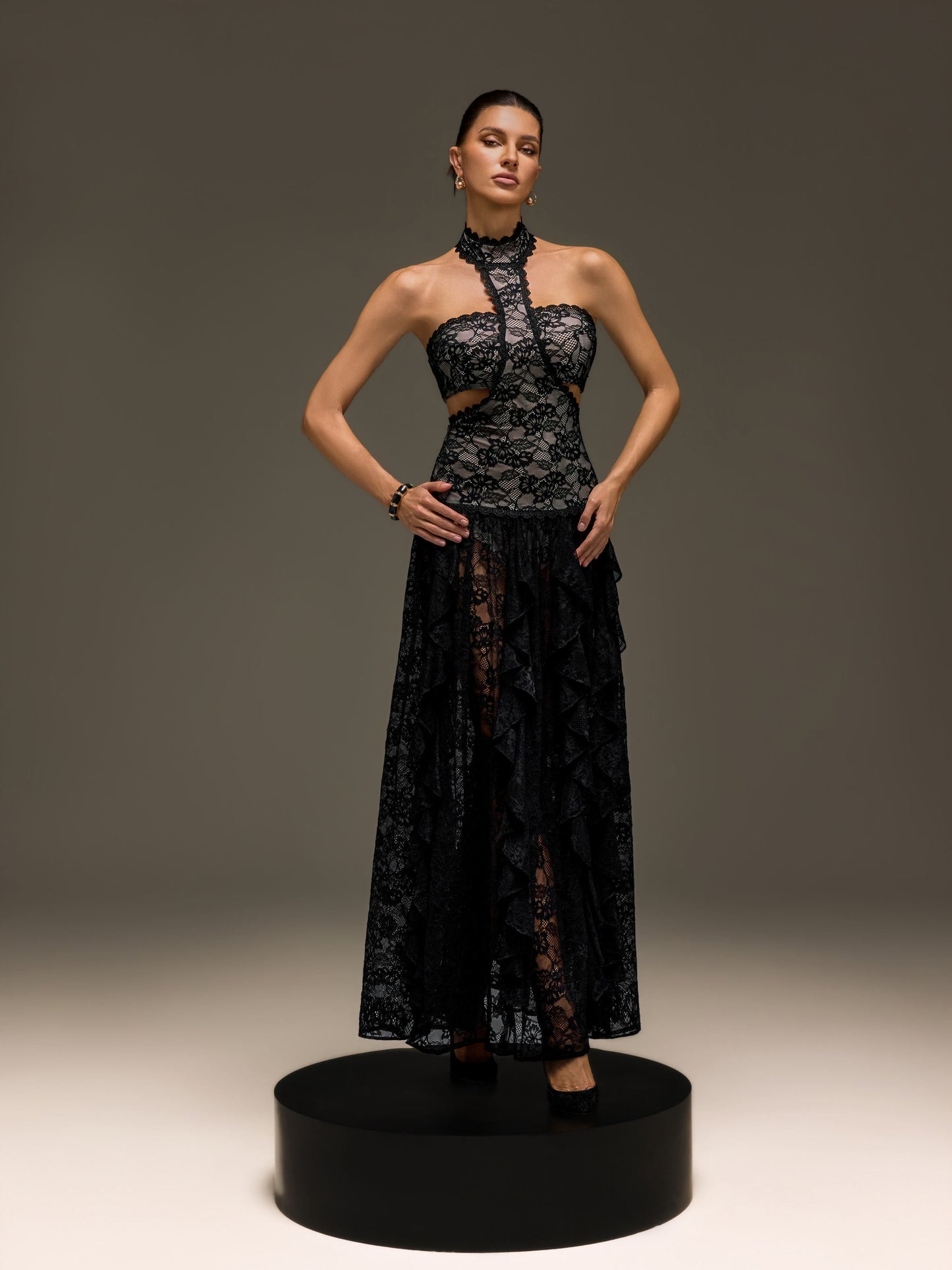 Gavelyn Halterneck Cutout Lace Maxi Dress In Black