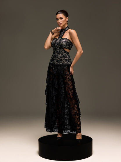 Gavelyn Halterneck Cutout Lace Maxi Dress In Black