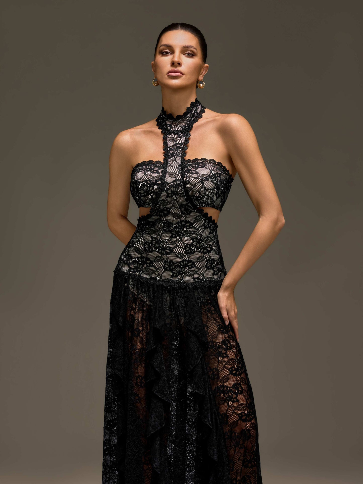 Gavelyn Halterneck Cutout Lace Maxi Dress In Black