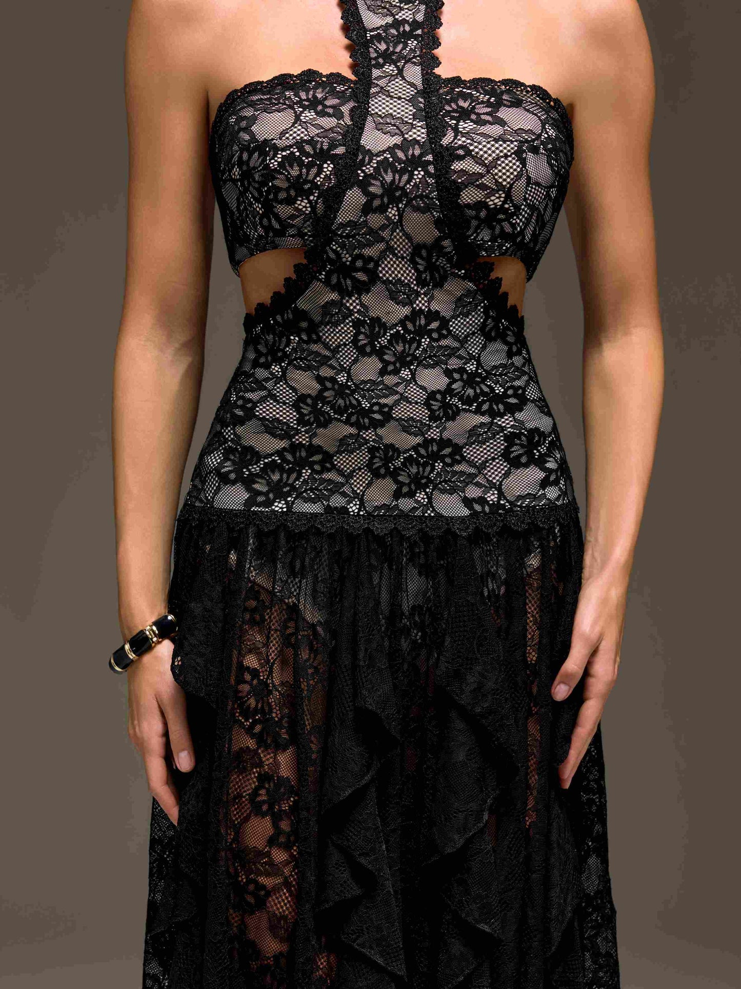 Gavelyn Halterneck Cutout Lace Maxi Dress In Black