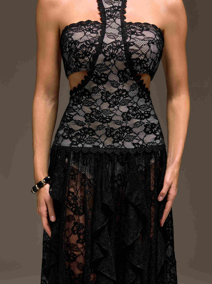 Gavelyn Halterneck Cutout Lace Maxi Dress In Black