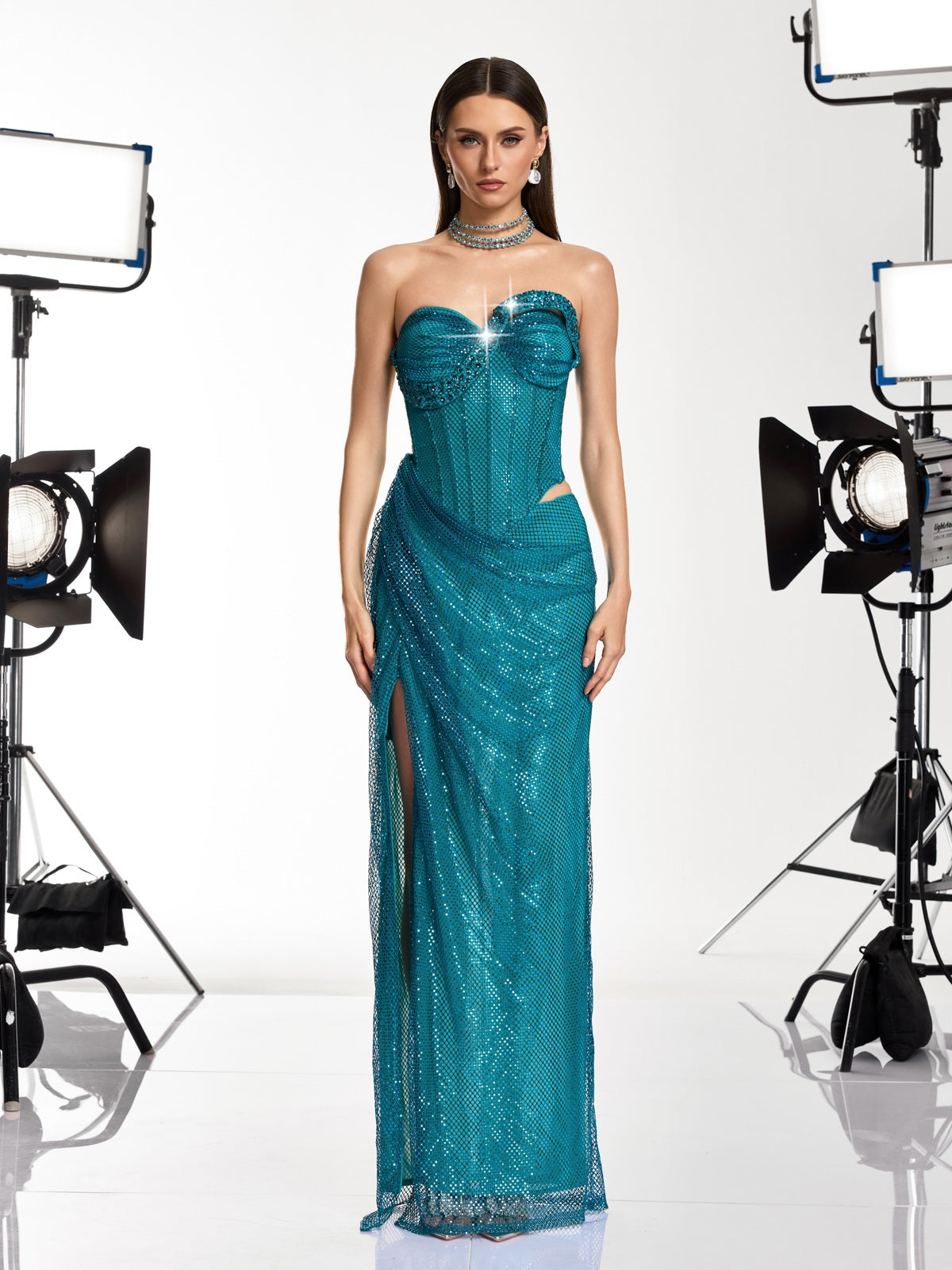 Gethan Strapless Rhinestone Mesh Maxi Dress