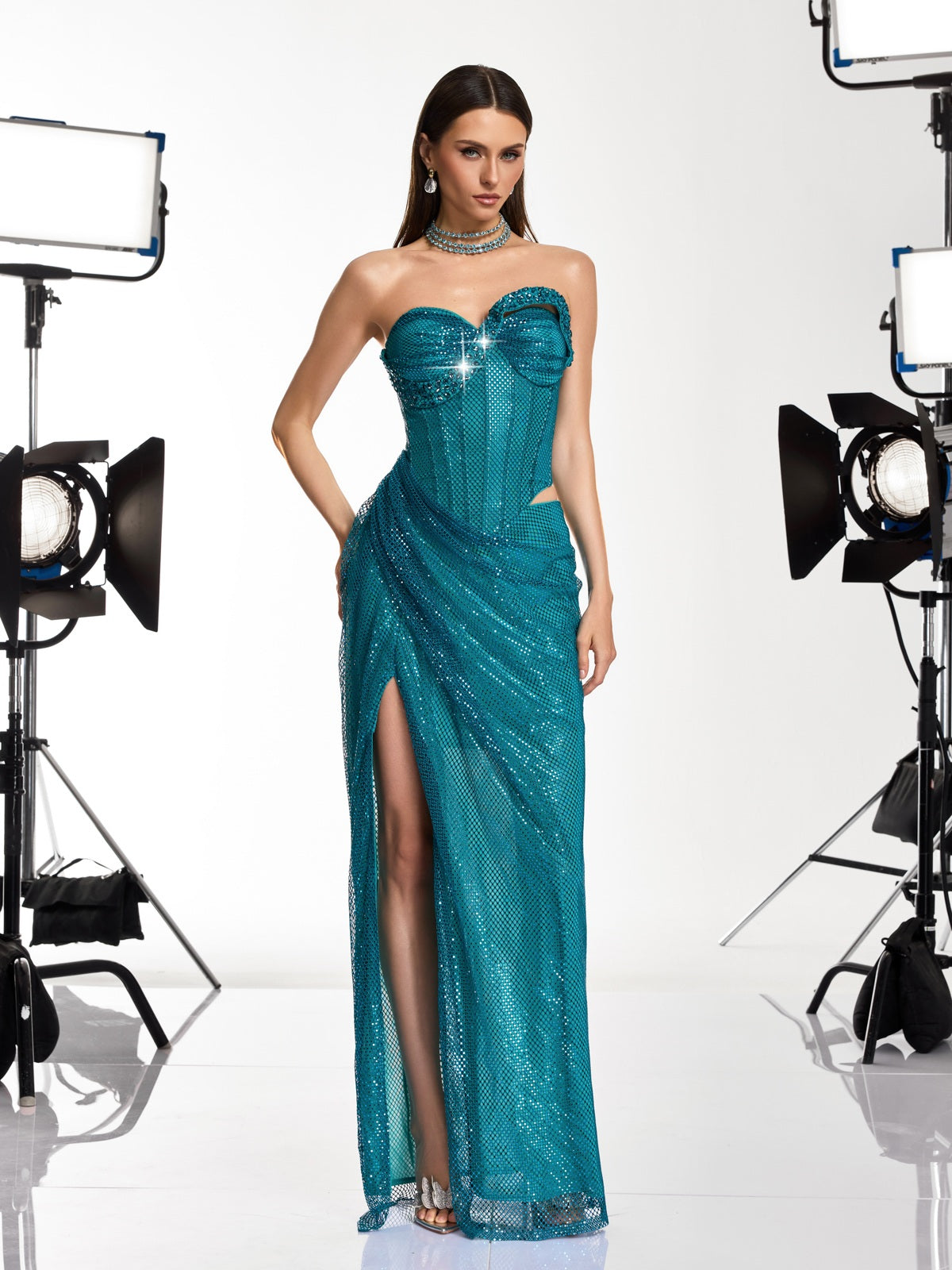 Gethan Strapless Rhinestone Mesh Maxi Dress